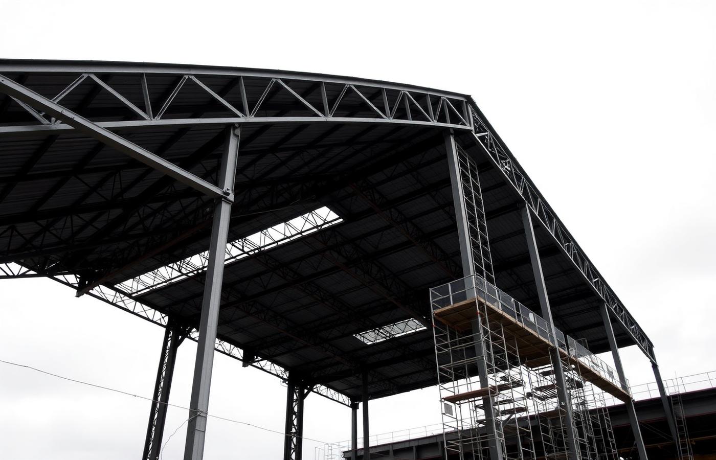 Stahltragwerk einer Industriehalle im Rohbau mit Gerüst